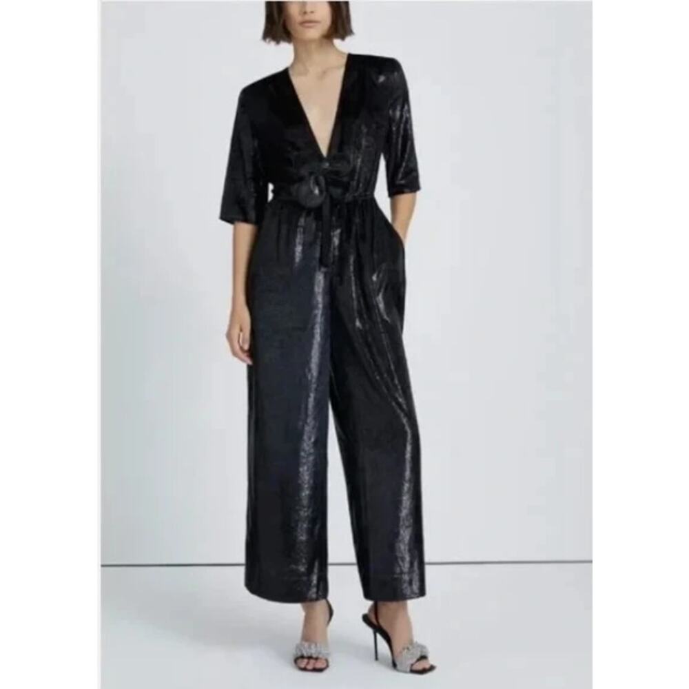 7 For All Mankind Deep V Wide Leg Jumpsuit Black Shine Flower S